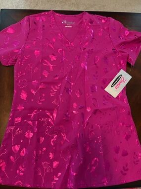 Women’s V-Neck Pink Floral Ribbon Scrub Top